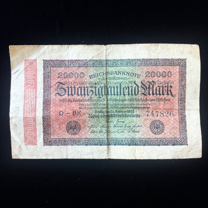 Antique Banknote 1923 Old Weimar Germany 20K Mark Hyperinflation Reichsbanknote