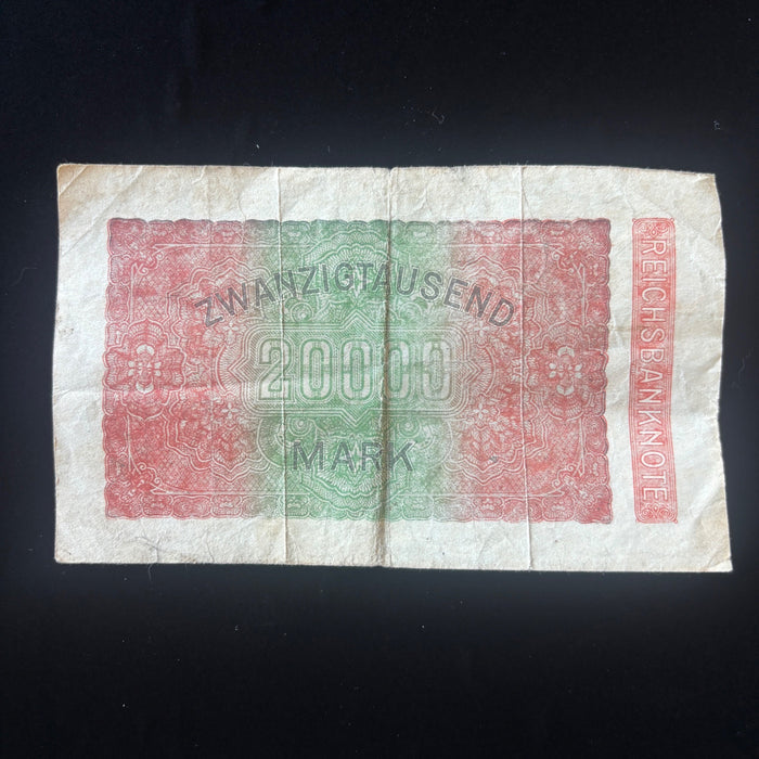 Antique Banknote 1923 Old Weimar Germany 20K Mark Hyperinflation Reichsbanknote