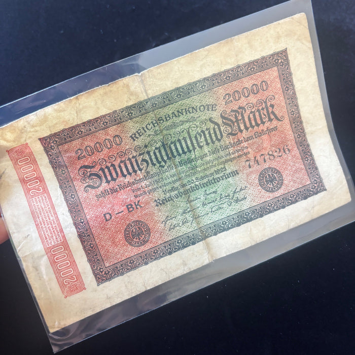 Antique Banknote 1923 Old Weimar Germany 20K Mark Hyperinflation Reichsbanknote