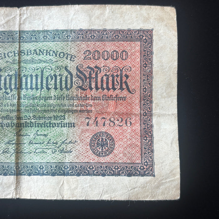 Antique Banknote 1923 Old Weimar Germany 20K Mark Hyperinflation Reichsbanknote
