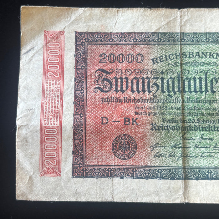Antique Banknote 1923 Old Weimar Germany 20K Mark Hyperinflation Reichsbanknote