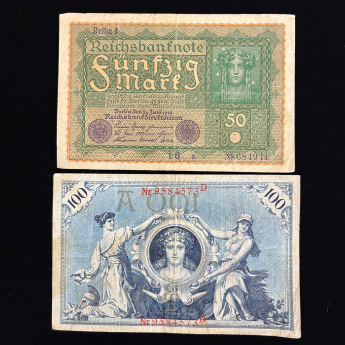 Antique Banknote Lot Imperial Germany 50, 100 Mark Old European Currency Art