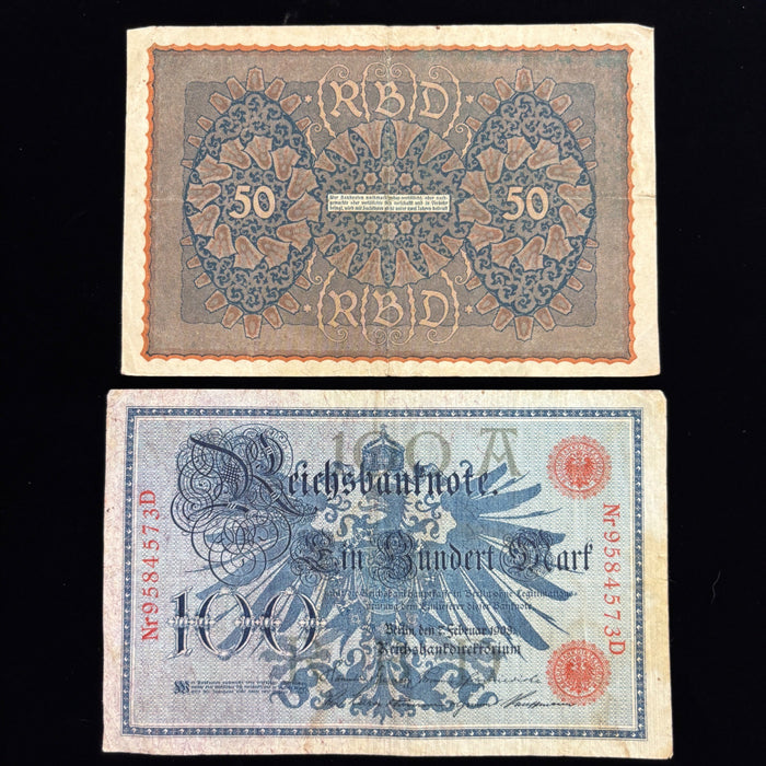 Antique Banknote Lot Imperial Germany 50, 100 Mark Old European Currency Art