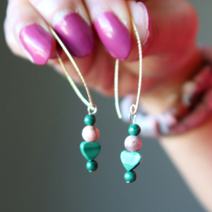 malachite and rhodochrosite gold earrings