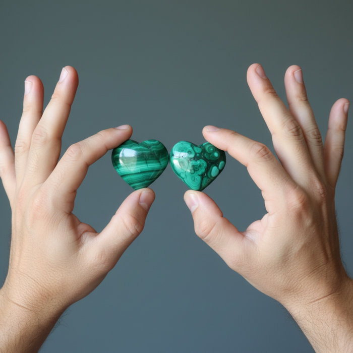 Two hands holding two green malachite heart-shaped stones against a gray background