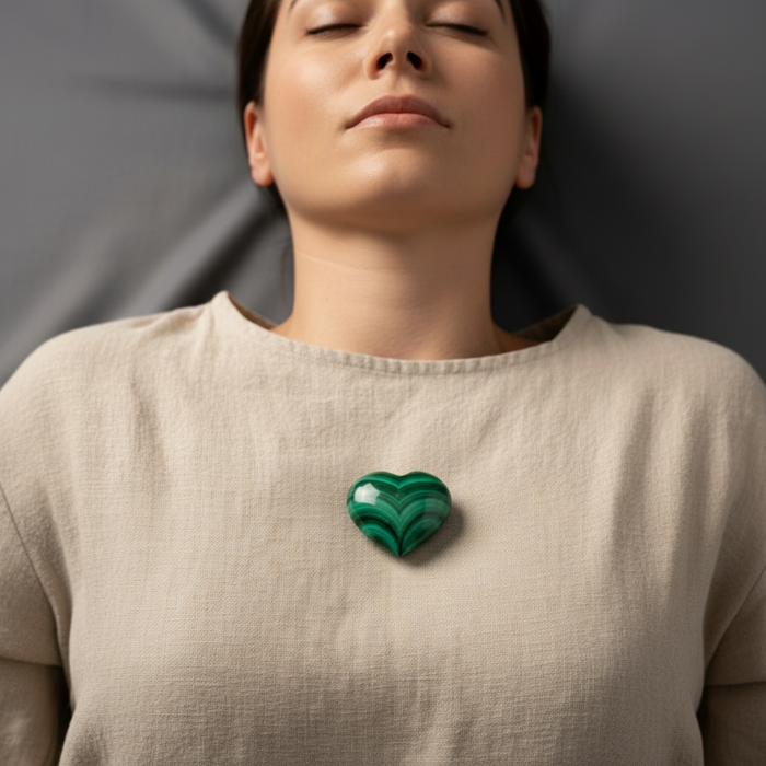 Woman wearing a beige sweater with a green malachite heart on chest  against a dark background