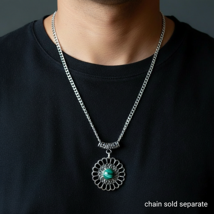 Malachite Pendant Flower Power Green Gemstone Silver
