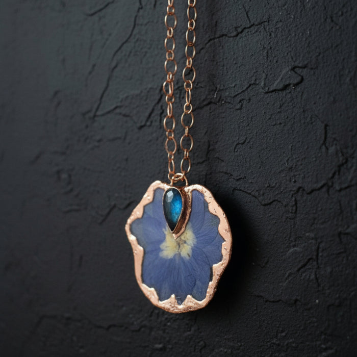 Labradorite Necklace Blue Flower Copper Handmade