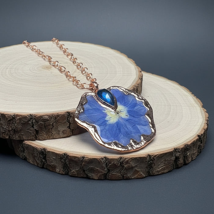 Labradorite Necklace Blue Flower Copper Handmade