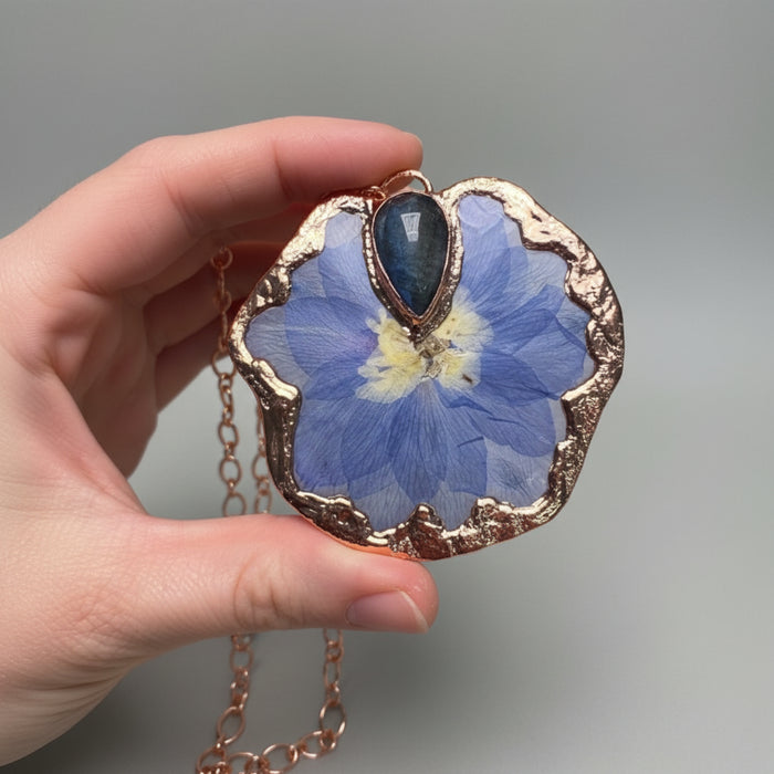 Labradorite Necklace Blue Flower Copper Handmade