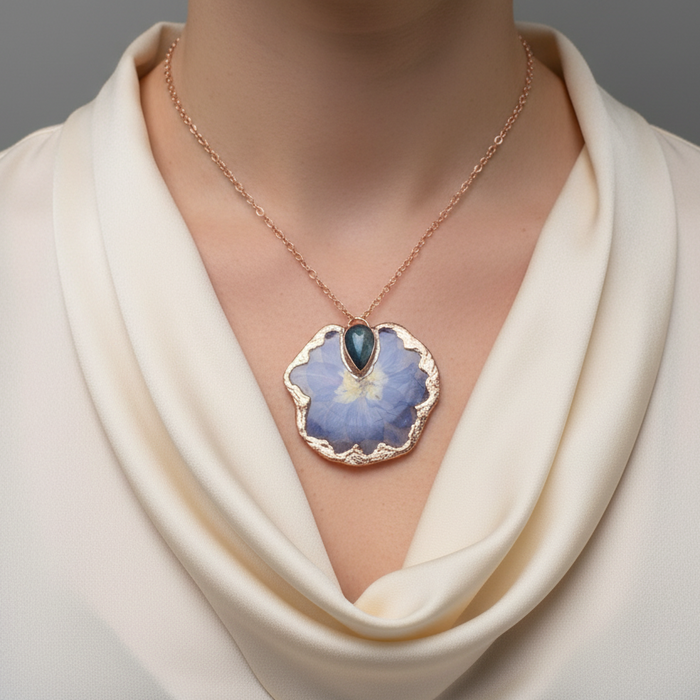 Labradorite Necklace Blue Flower Copper Handmade