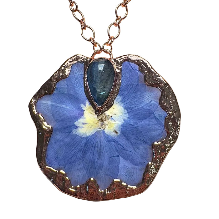 Labradorite Necklace Blue Flower Copper Handmade