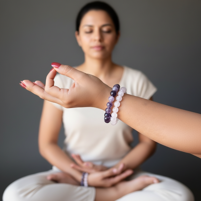 Person wearing a bracelet with beads, with another person's hand reaching towards them against a neutral background.