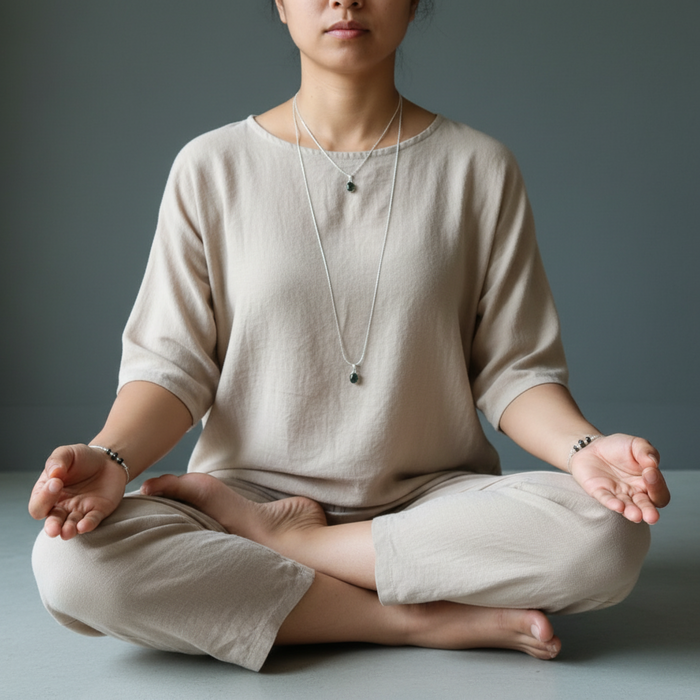Person sitting in a meditative pose on a plain background wearing moldavite jewelry