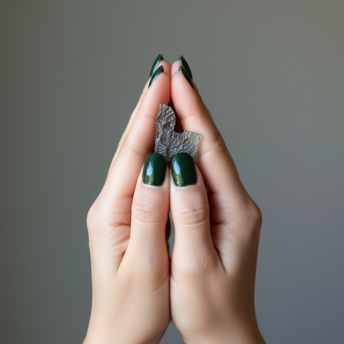 hand holding moldavite