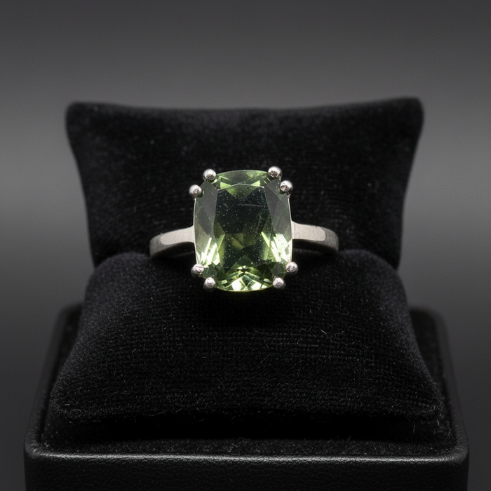 Moldavite Ring Big Green Stargazer Gem Sterling Silver