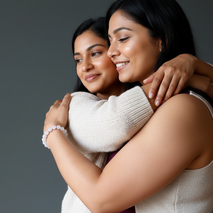 Two women hugging each other against a gray background