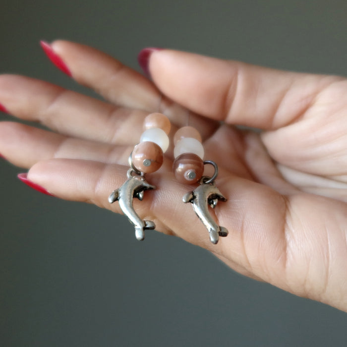 Moonstone Earrings Dolphin Swing on Peach White Beads