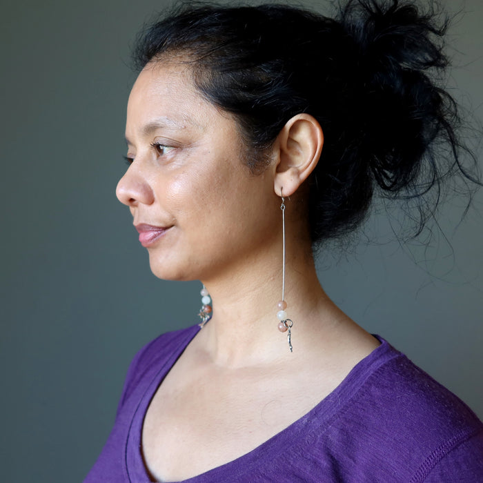 Moonstone Earrings Dolphin Swing on Peach White Beads