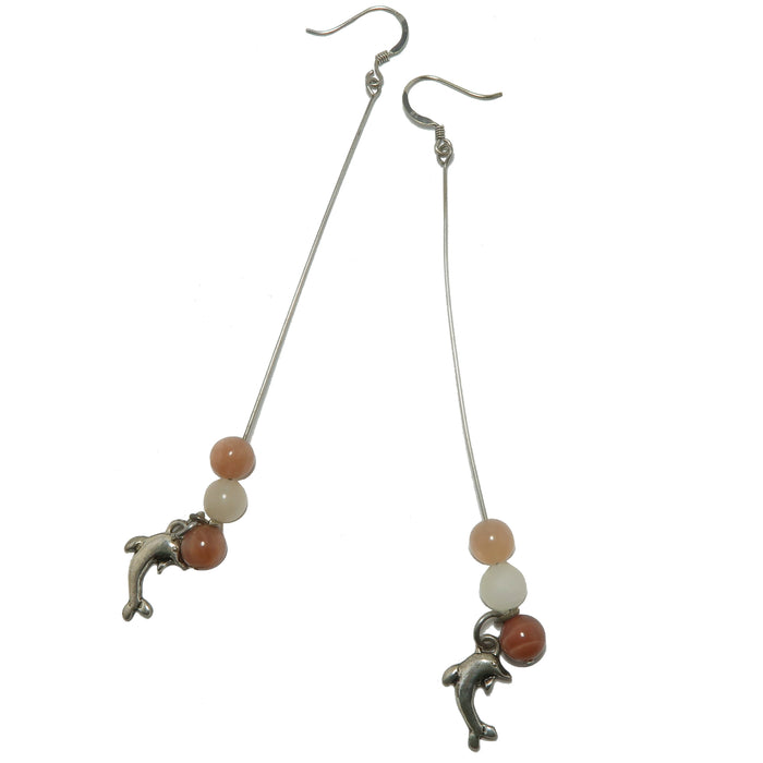 Moonstone Earrings Dolphin Swing on Peach White Beads
