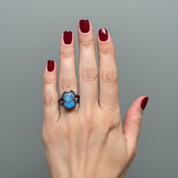 Rainbow Moonstone Ring Blue Fox Gunmetal Size 6