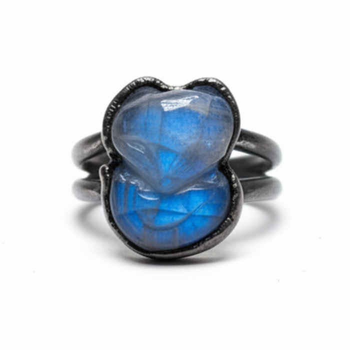 Rainbow Moonstone Ring Blue Fox Gunmetal Size 6
