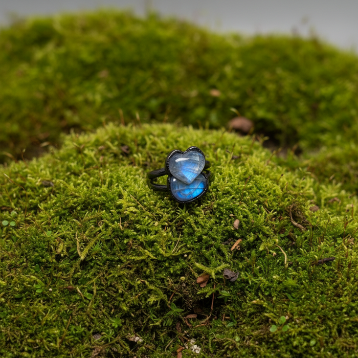 Rainbow Moonstone Ring Blue Fox Gunmetal Size 6