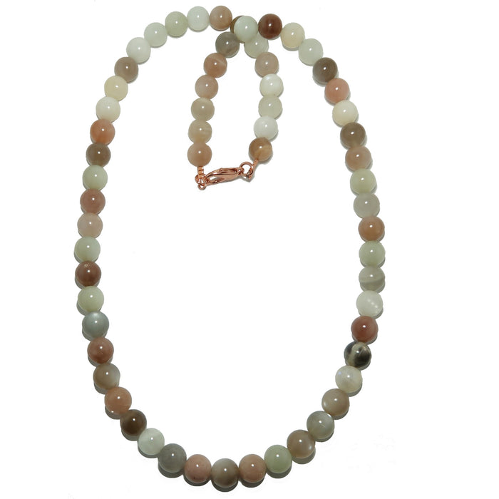Necklace with multicolored Moonstone on a white background