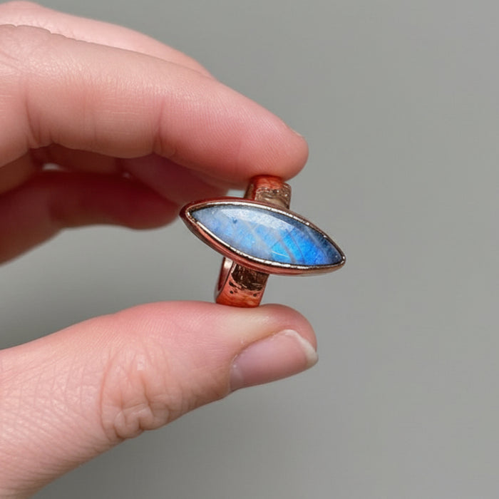 Rainbow Moonstone Ring Blue Flash Gem Copper Size 6