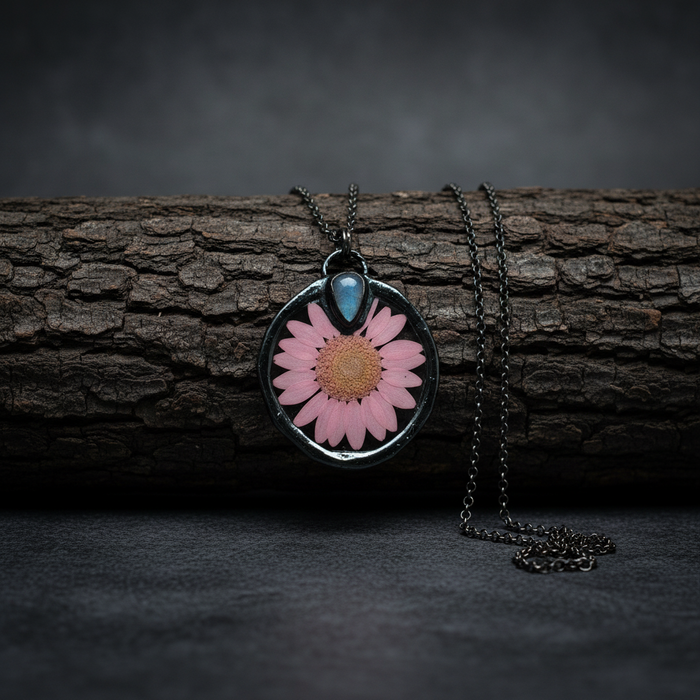 Moonstone Necklace Pink Flower Rainbow Gem