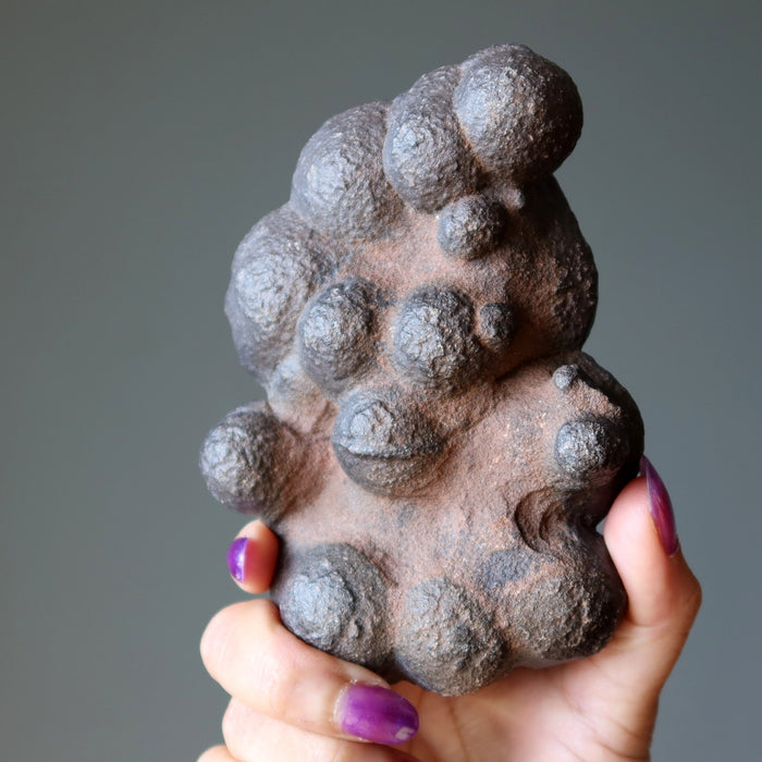 Hand holding a textured moqui marble against a gray background