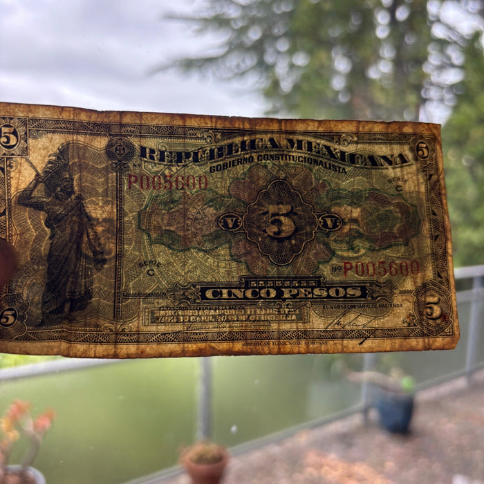 Antique Banknote 1915 Mexico 5 Pesos Constitutionalist Government Guerrero