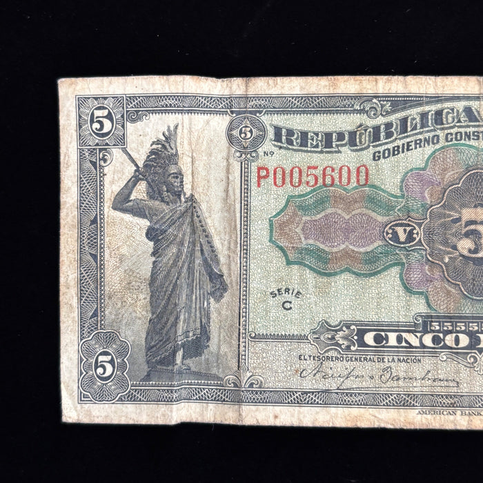 Antique Banknote 1915 Mexico 5 Pesos Constitutionalist Government Guerrero