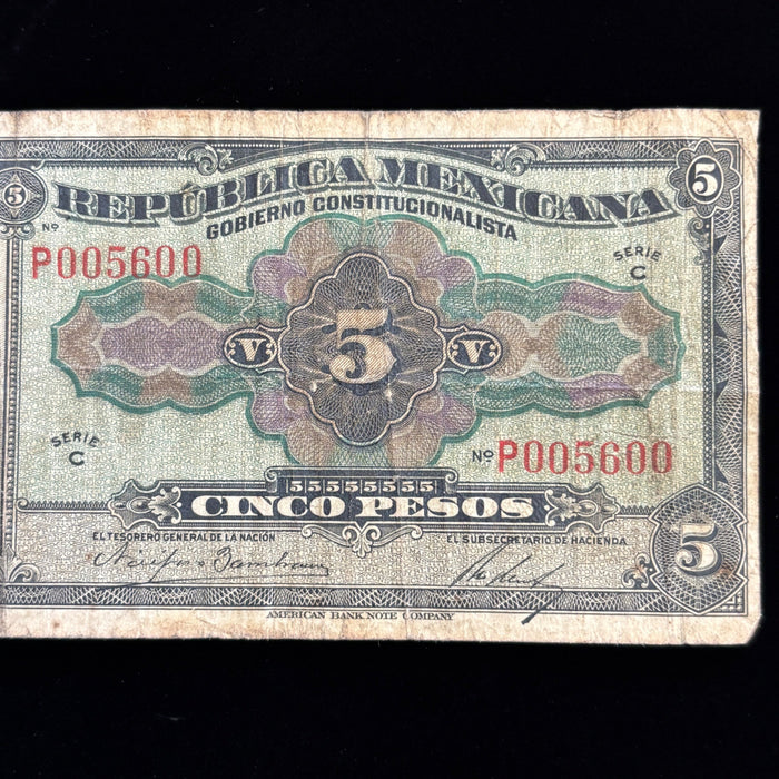Antique Banknote 1915 Mexico 5 Pesos Constitutionalist Government Guerrero