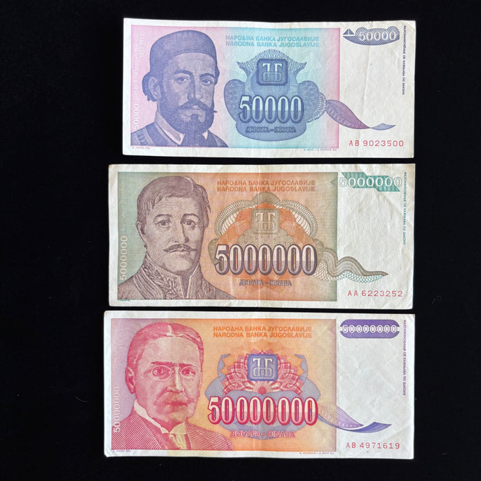 Vintage Banknote Lot Yugoslavia Hyperinflation 50K 5M 50M Dinara UV Verified Set
