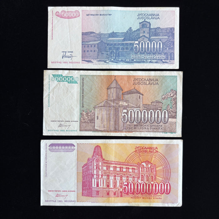 Vintage Banknote Lot Yugoslavia Hyperinflation 50K 5M 50M Dinara UV Verified Set