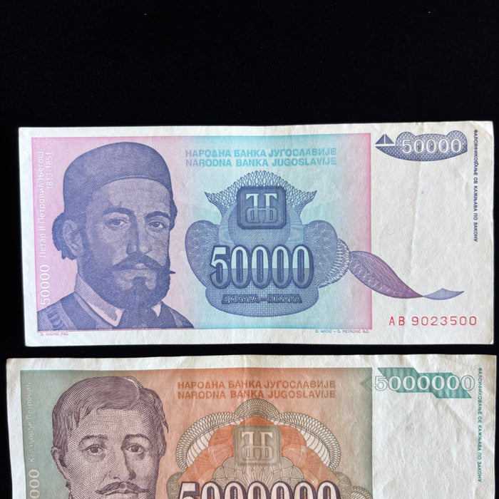 Vintage Banknote Lot Yugoslavia Hyperinflation 50K 5M 50M Dinara UV Verified Set