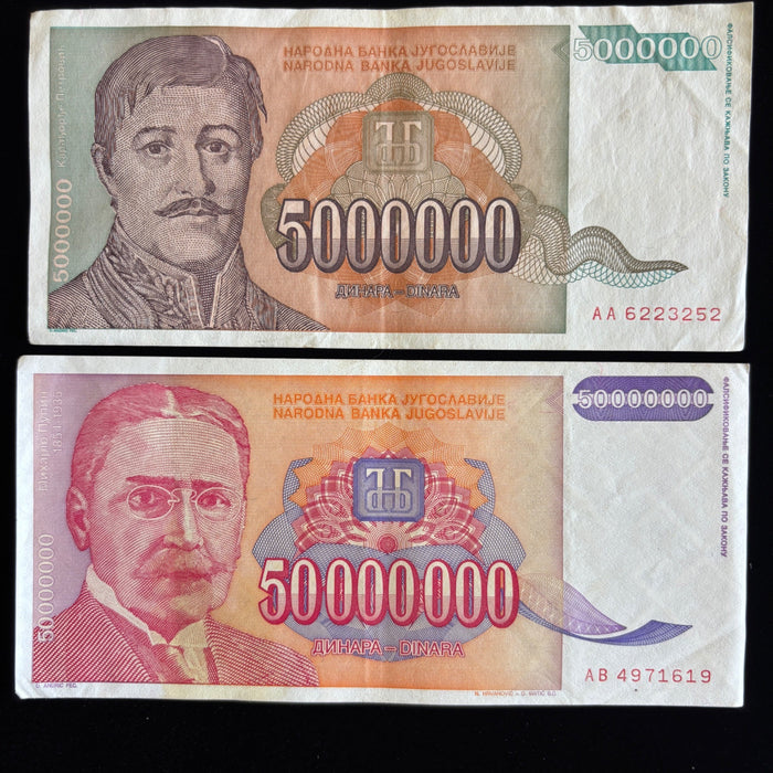 Vintage Banknote Lot Yugoslavia Hyperinflation 50K 5M 50M Dinara UV Verified Set