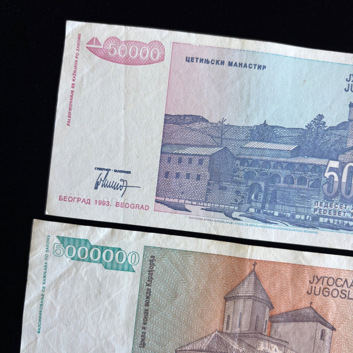 Vintage Banknote Lot Yugoslavia Hyperinflation 50K 5M 50M Dinara UV Verified Set