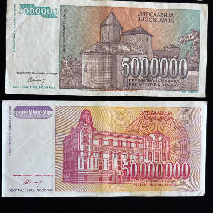 Vintage Banknote Lot Yugoslavia Hyperinflation 50K 5M 50M Dinara UV Verified Set