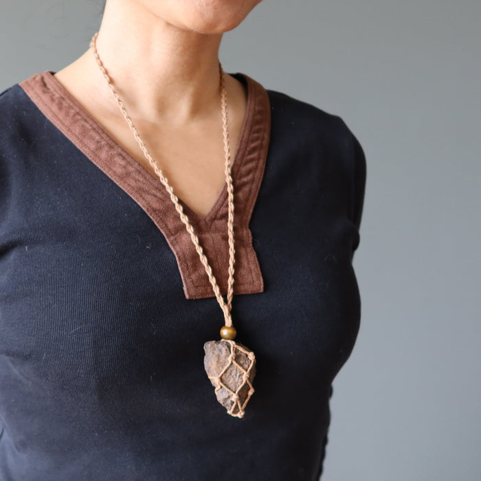 NWA Chondrite Meteorite Necklace Brown Macrame Catcher