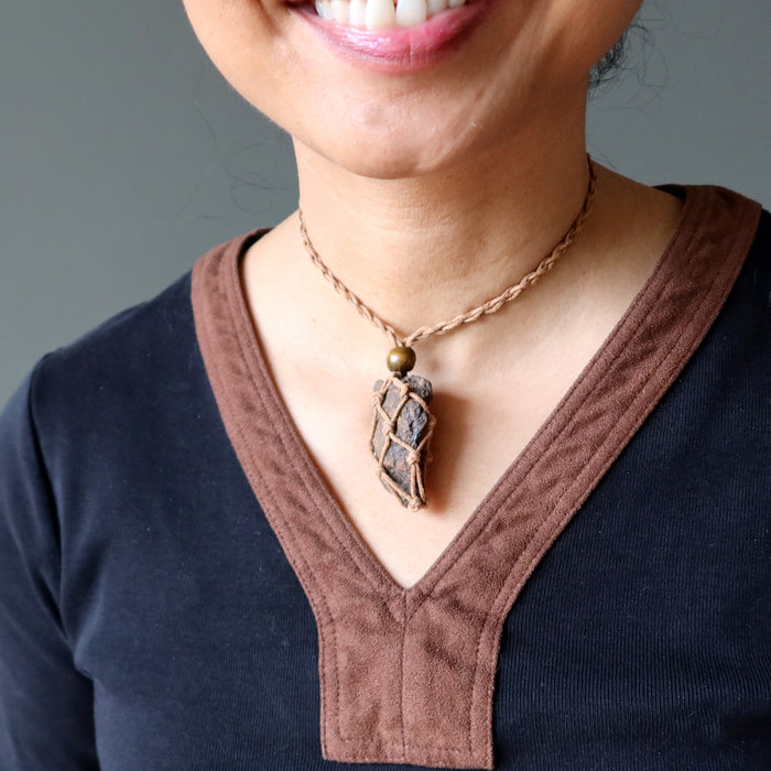 NWA Chondrite Meteorite Necklace Brown Macrame Catcher