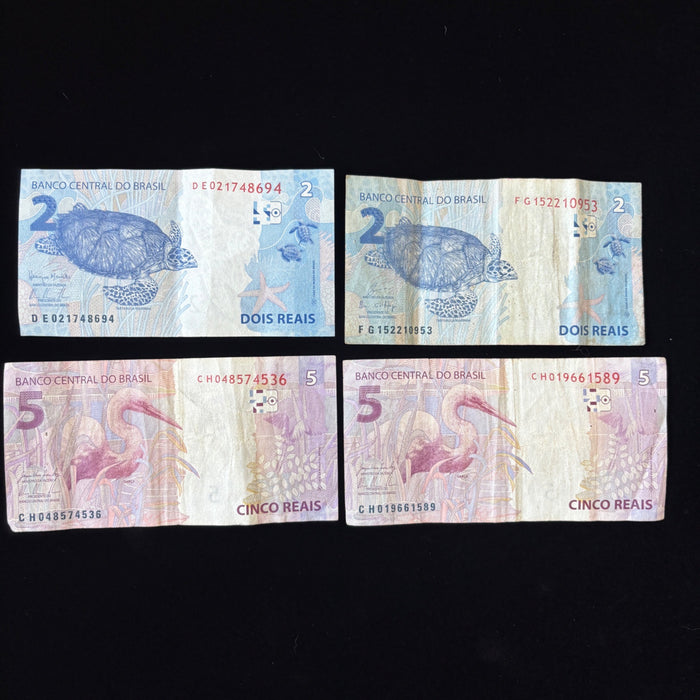 Brazil Banknote Lot 2, 5 Reias Wildlife Egret Bird Turtle Animal Watermark UV