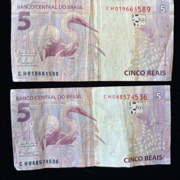 Brazil Banknote Lot 2, 5 Reias Wildlife Egret Bird Turtle Animal Watermark UV