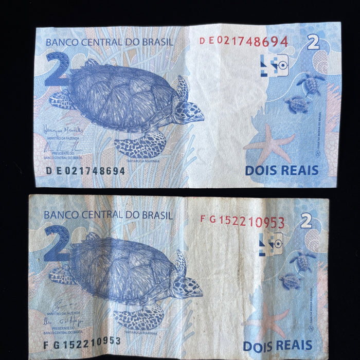 Brazil Banknote Lot 2, 5 Reias Wildlife Egret Bird Turtle Animal Watermark UV