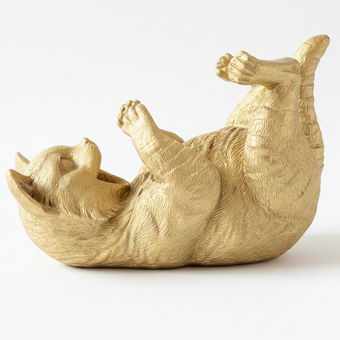 Playful Gold Cat Figurine Crystal Ball Display Holder