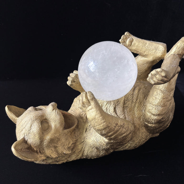 Playful Gold Cat Figurine Crystal Ball Display Holder