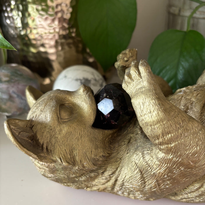 Playful Gold Cat Figurine Crystal Ball Display Holder