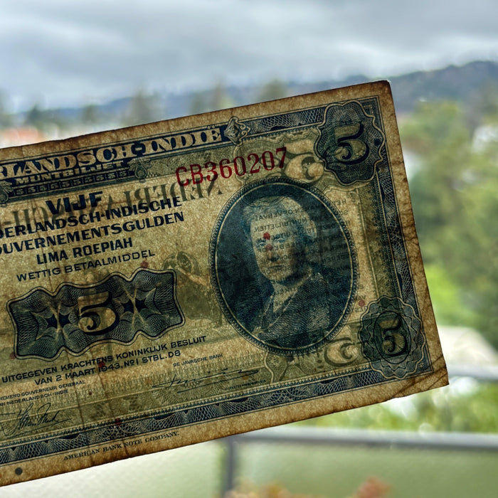 Vintage Banknote 1943 Netherlands Indies 5 Gulden WWII Emergency Currency
