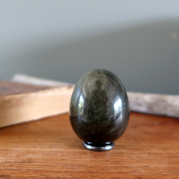 Sheen Obsidian Egg Black Crystal Hematine Display Ring